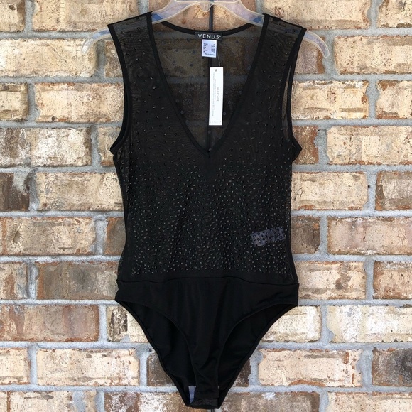 Venus Black Studded / Mesh V-Neck Gorgeous Sleeveless Bodysuit XS - Picture 2 of 15